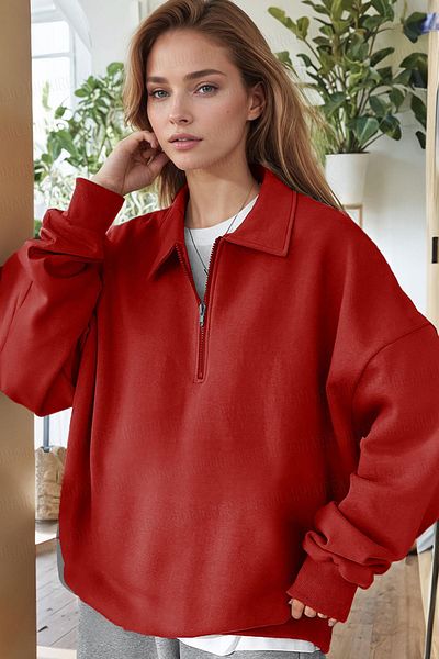 Millionaire Women's Red Half Zipper Polo Collar 3 Thread Fleece Ribbed Oversize Sweatshirt