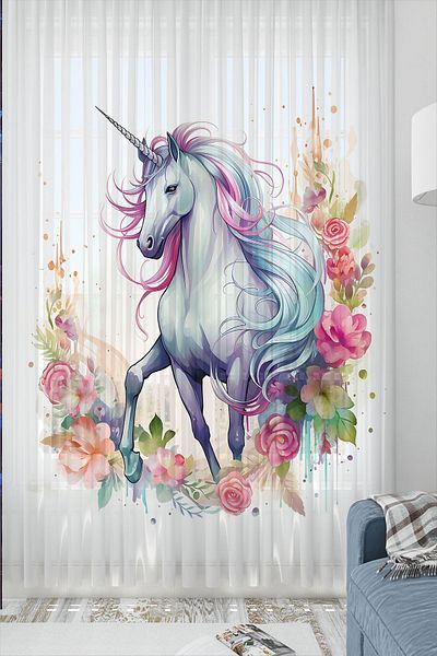 3D ELSE HALI Colorful Floral Unicorn Horse Patterned Girl's Tulle Curtain Single Wing 140X260Cm