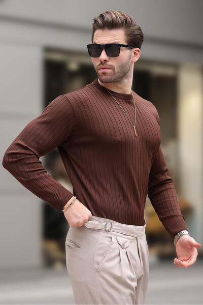 Madmext Καφέ ριγέ μακρυμάνικο πουλόβερ με λαιμόκοψη E7273