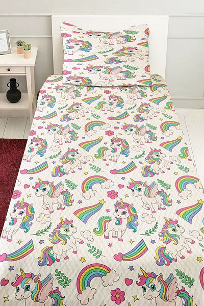 3D ELSE HALI Unicorn Patterned Rainbow - Single Girl Pique Set Quilted Bedspread