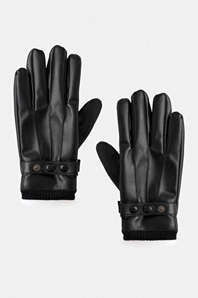 Antioch Siyah Suni Deri Lastik Detaylı Erkek Eldiven