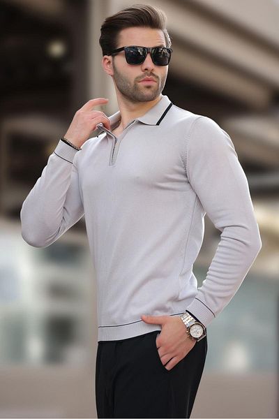 Madmext Gray Zippered Polo Collar Stripe Detailed Long Sleeve Sweater 7267