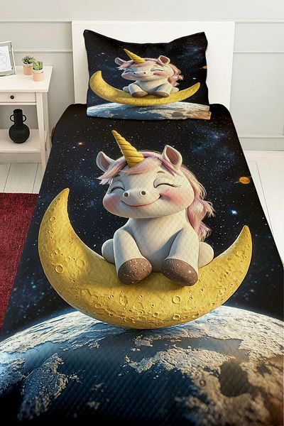 3D ELSE HALI Girl's Single Pique Set Quilted Bedspread with Unicorn Pattern Sitting on the Moon