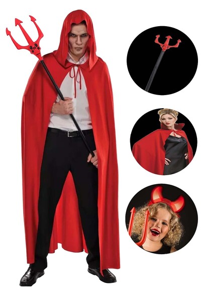 Parti dolabı 3 Parça Halloween Şeytan Kostüm Set: Işıklı Boynuz Tac , Kırmızı...