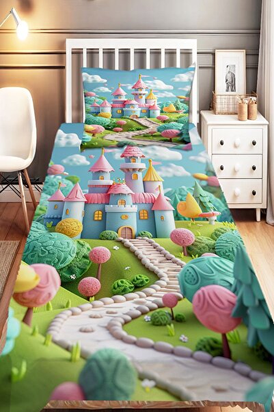 3D ELSE HALI Renkli Şato Desenli Kız Çocuk Tek Kişilik Dekoratif Yatak Örtüsü...