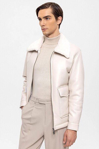 Antioch Ecru Lining Detailed Faux Leather Coat