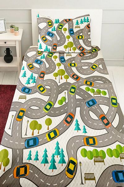 3D ELSE HALI Boy's Single Pique Bedspread - Traffic Car Road Pattern, Quilted
