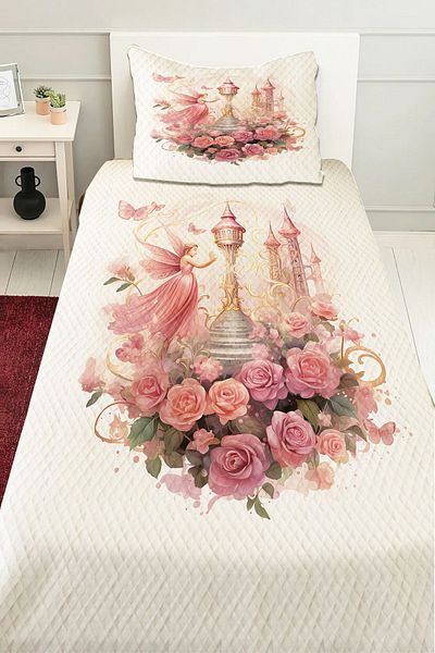 3D ELSE HALI Single Child Pique Set - Pink Flower Patterned Quilted Bedspread