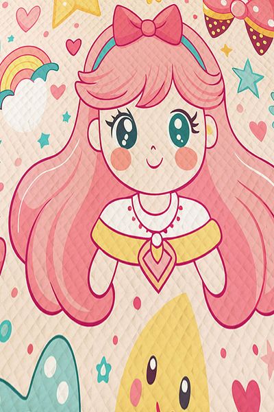 3D ELSE HALI Pink Anime Princess Patterned Girl's Bedspread - Single Pique Set Quilted