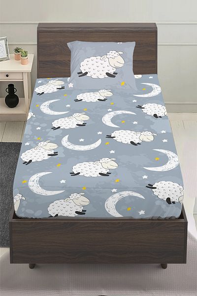 3D ELSE HALI Gray White Lamb Patterned Boy's Single Pillowed Elastic Sheet Set 100X200Cm