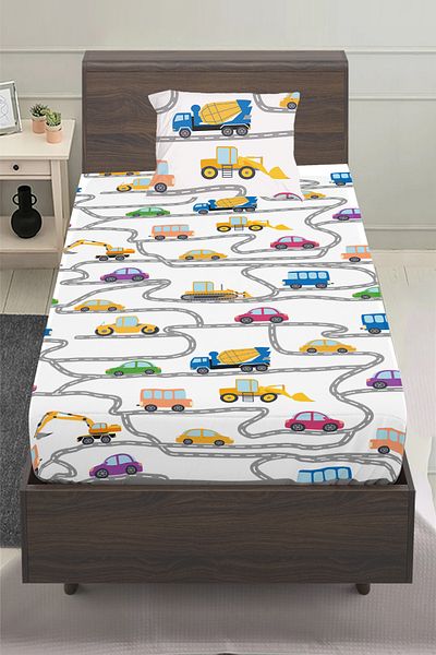3D ELSE HALI Business Machinery Traffic Patterned Boy's Single Pillowed Elastic Sheet Set 100X200Cm