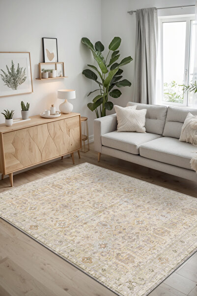 AIDA HOME RYELLA Vıntage Desenli Pamuk Tabanlı Yıkanabilen Kaydırmaz Antibakteriyel Şönil Salon Halısı