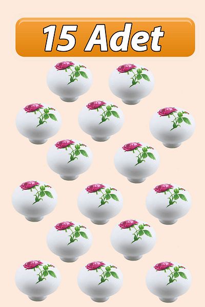 GLASWEN 15 Pieces Pink Rose Patterned White Polymer Furniture - Handle Mushroom, Cabinet Drawer, Handle with Handle