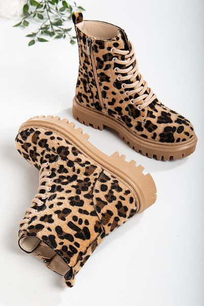 S.N.S SHOES Moda Ayağınızda Leopard Print Short Heeled Lace up Women's Boots - Thermo Sole
