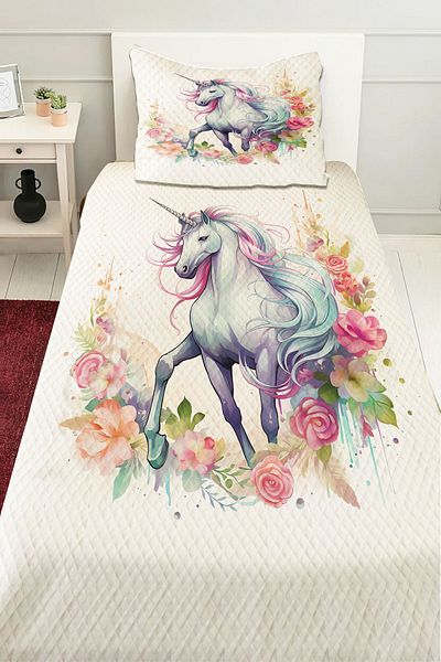 3D ELSE HALI Colorful Floral Set with Unicorn Pattern - Girl's Quilted Bed Pique
