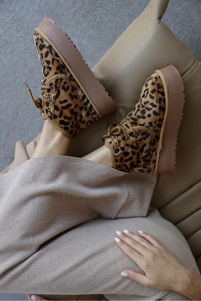 Ayakkabı Delisiyim Heribo Leopard Wool Inside Thick Sole Lace up Women's Boots