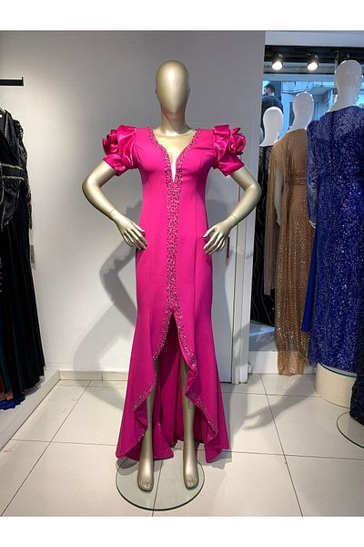 Robes Βραδινό φόρεμα με μανίκια με μαργαριτάρι V λαιμόκοψη - Λεπτομέρεια με σχισμή