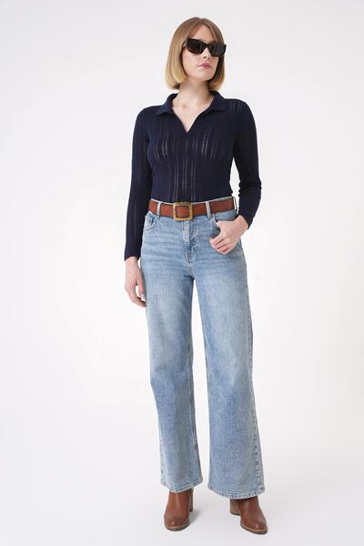 CHUBA Women's Polo Neck Knit Detailed Regular Fit Knitwear Sweater Navy Blue 25W3004