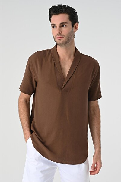 Antioch Brown Relax Fit Shawl Collar Short Sleeve Men's Shirt
