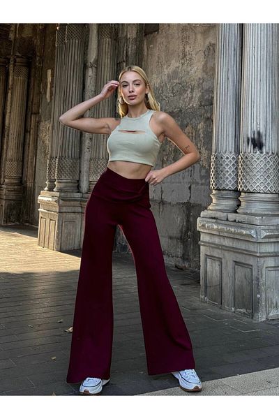 hazelin Pantaloni spanioli cu talie înaltă de culoare burgundă pentru femei HZL25W-ZK11481