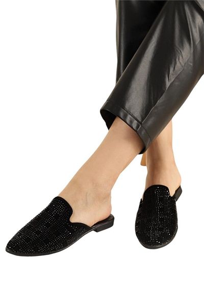 Liger Suede Pointed Toe Stone Design Women's Slippers Black