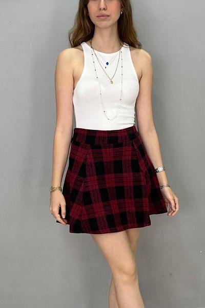 Tam Moda Fusta evazată de damă roșu Claret cu model în carouri de iarnă