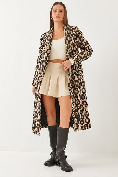 Bianco Lucci Dámský šálový límec s leopardím vzorem Detailed Stamp Coat 2476 60351034