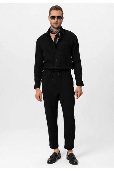 Antioch Black Muslin Fabric Long Sleeve Men's Shirt