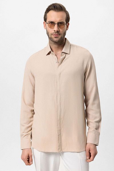 Antioch Beige Hidden Button Linen Blended Men's Shirt