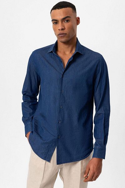 Antioch Navy Blue Long Sleeve Men's Denim Shirt