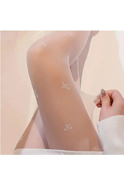 TAKINTI AKSESUAR White Bow Patterned Thin Pantyhose