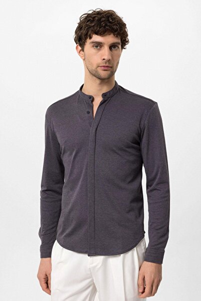 S13 Store Erkek Hakim Yaka Gizli Düğme Uzun Kollu Slim Fit Gömlek