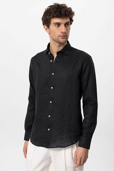Antioch Black Collar Button Detailed 100% Linen Men's Shirt