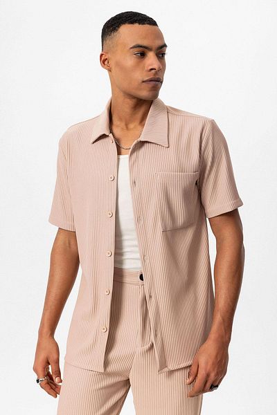 Antioch Beige Corded Short Sleeve Men's Shirt