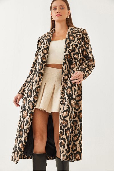 Bianco Lucci Dámský šálový límec s leopardím vzorem Detailed Stamp Coat 2476 60351034