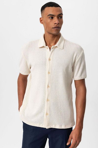 Antioch Ecru Polo Collar Knitted Short Sleeve Men's Shirt