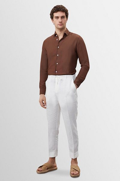 Antioch Brown Collar Button Detailed 100% Linen Men's Shirt