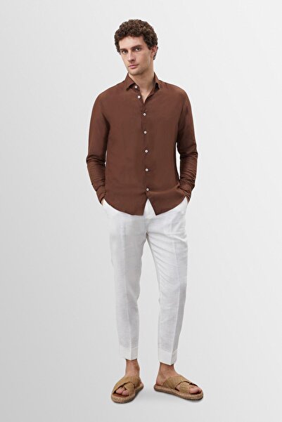 Antioch Brown Collar Button Detailed 100% Linen Men's Shirt