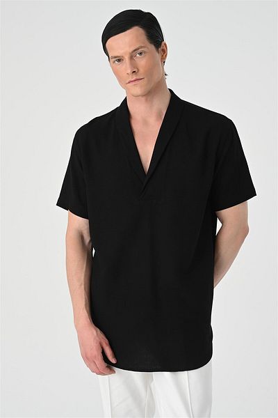 Antioch Black Relax Fit Shawl Collar Short Sleeve Men's Shirt
