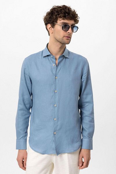 Antioch Baby Blue Collar Button Detailed 100% Linen Men's Shirt