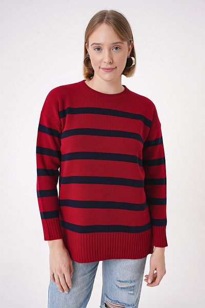 CHUBA Women's Crew Neck Textured Comfortable Fit Striped Knitwear Sweater Red-Navy 25W3002