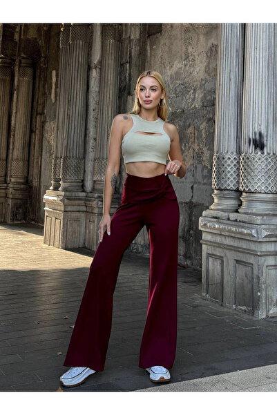 hazelin Women's Burgundy High Waist Belt Detailed Spanish Leg Trousers Hzl25W-Zk11481