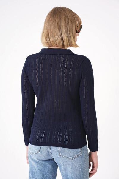 CHUBA Women's Polo Neck Knit Detailed Regular Fit Knitwear Sweater Navy Blue 25W3004