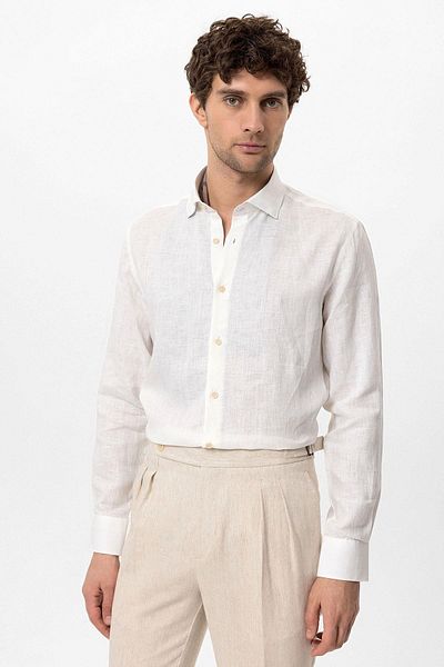 Antioch White Collar Button Detailed 100% Linen Men's Shirt