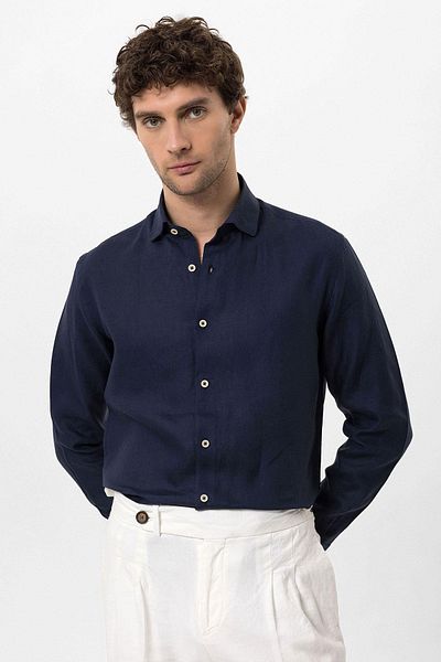 Antioch Navy Blue Collar Button Detailed 100% Linen Men's Shirt