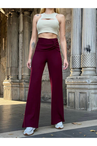 hazelin Women's Burgundy High Waist Belt Detailed Spanish Leg Trousers Hzl25W-Zk11481