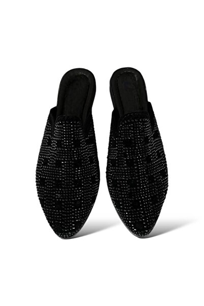 Liger Suede Pointed Toe Stone Design Women's Slippers Black