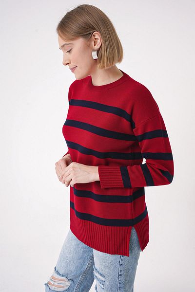 CHUBA Women's Crew Neck Textured Comfortable Fit Striped Knitwear Sweater Red-Navy 25W3002