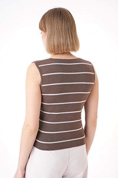 CHUBA Women's Gold Buttoned Standard Fit Striped Textured Knitwear Vest Brown-Mink 25W3010