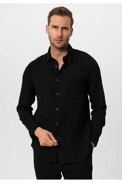 Antioch Black Muslin Fabric Long Sleeve Men's Shirt
